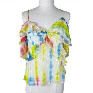 TANYA TAYLOR Tavia Cold Shoulder Ruffle Detail Silk Tie-Dye Top